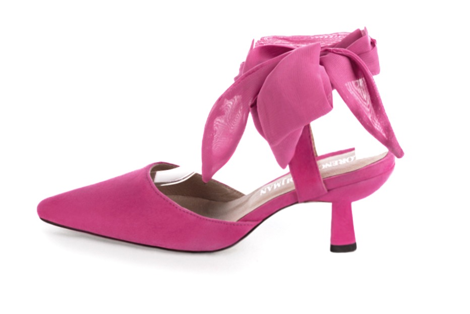 Chaussures habillées, élégantes et raffinées, ouvertes à l'arrière avec un foulard autour de la cheville, coloris rose fuchsia. Bout effilé. Mi-haut à haut. Talon bobine. Cérémonie, soirée, cocktail, évènementiel. Personnalisation : Choix des cuirs, 
                des couleurs et des talons. Petites et grandes pointures. - Florence KOOIJMAN
